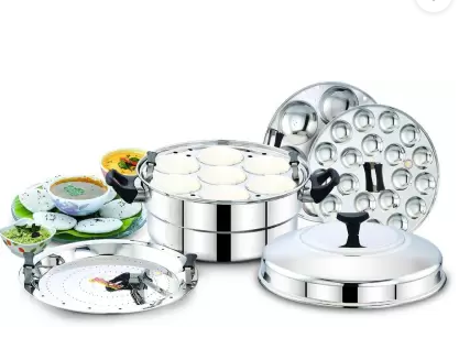 DIAMOND by Mahavir Stainless Steel Multi Steamer Pot- 2 Idli Plates (14 Idlis), 1 Mini Idli Plate (20 Mini Idlis) and 1 Multi Purpose Steamer/Idiyappam Steamer Plate (Induction Compatible) Cookware Set (Steel, 1 - Piece)