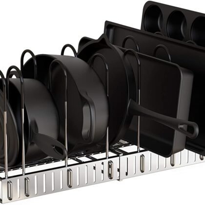 Adjustable Lid Rack for Kitchen Counter and Cabinet, Lid Organizer for 10+ Pots and Pans with 6 DIY Methods (Silver)