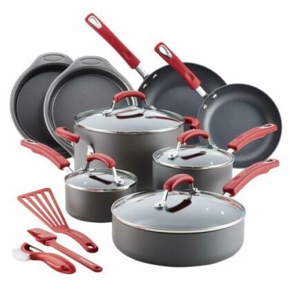 NONSTICK COOKWARE POTS AND PANS SET, 15 PIECE, GRAY WITH RED HANDLES